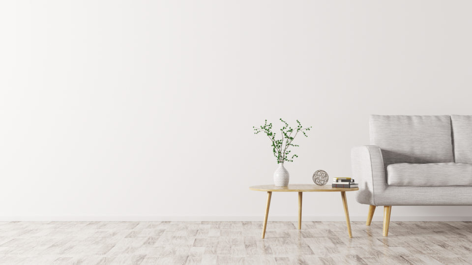 Interior of living room with wooden triangular coffee table and grey sofa, scandinavian style, 3d rendering