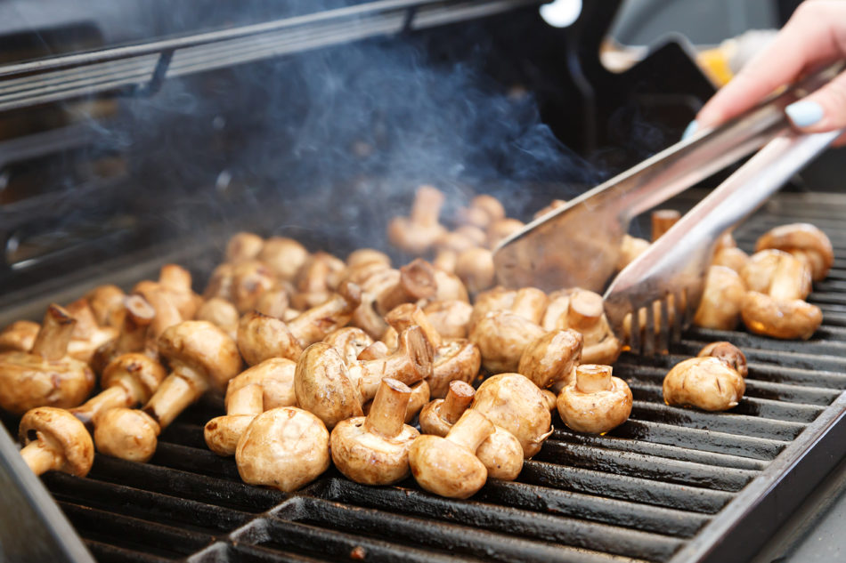 Grilled, whole pickled mushrooms