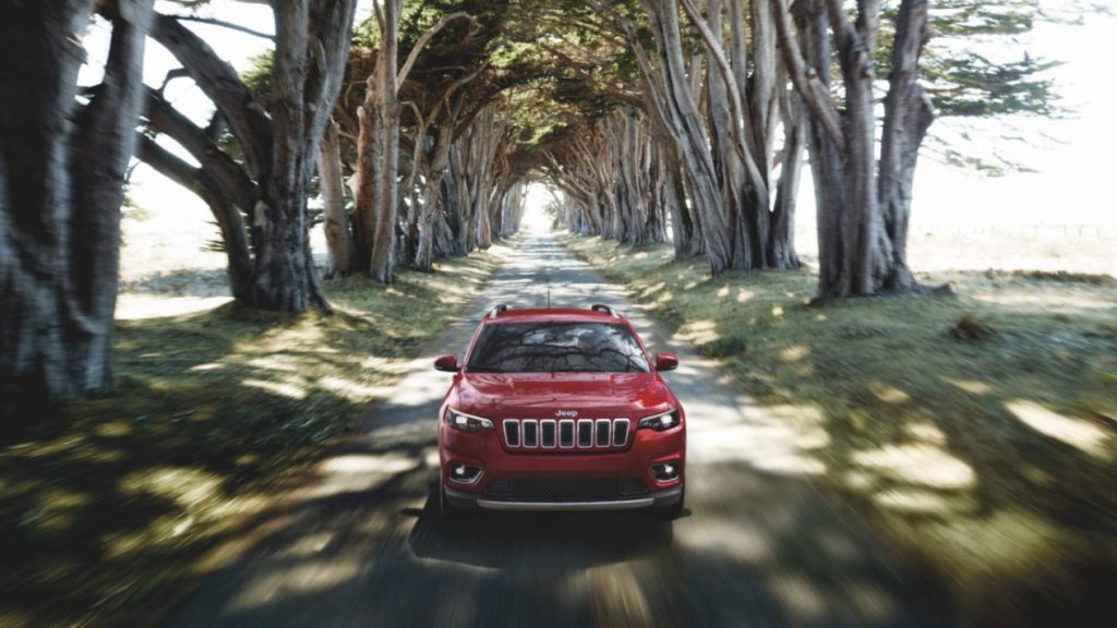 Red Jeep Cherokee on a tree-covered path