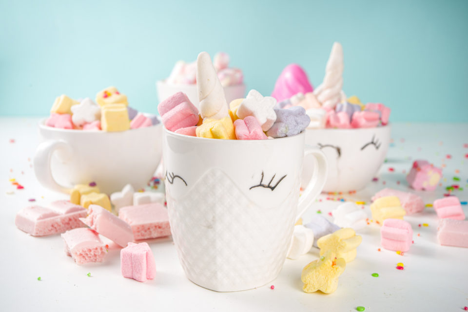 Rainbow unicorn hot chocolate with marshmallow
