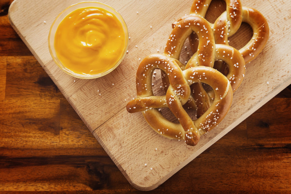 Soft pretzels with a mustard dipping sauce